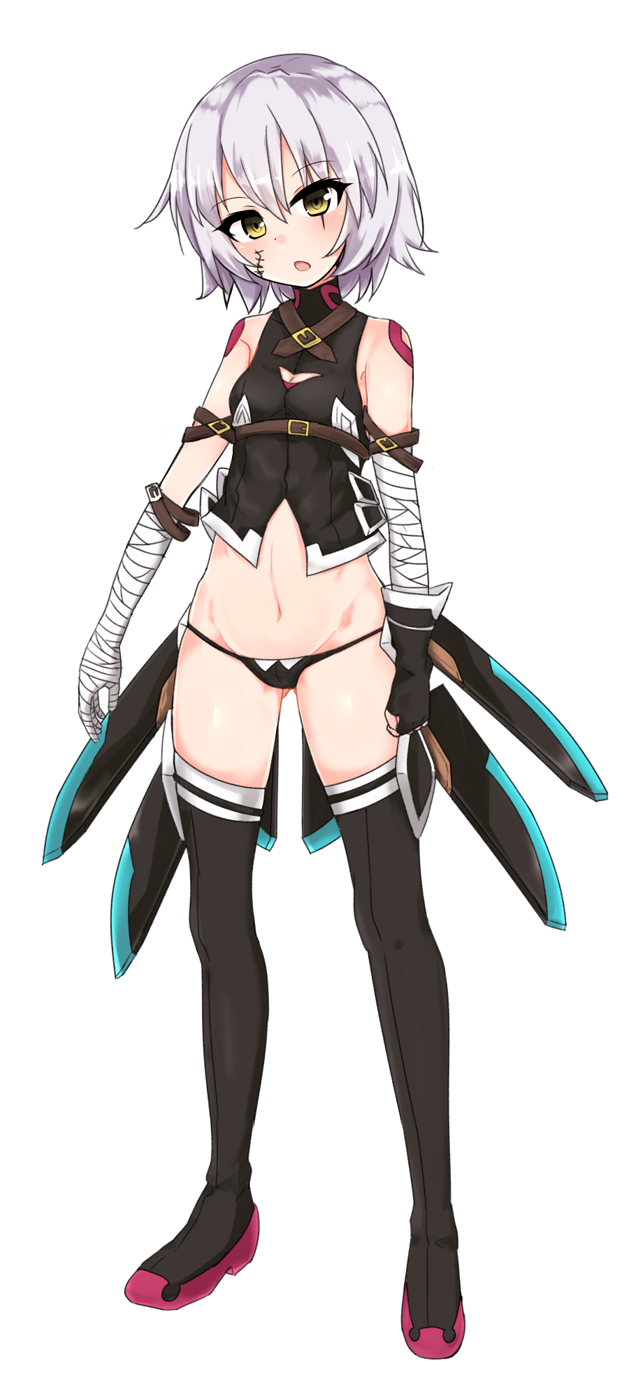 1girl assassin_of_black bandage bandaged_arm bangs bare_shoulders belt black_boots black_gloves black_panties black_shirt boots brown_eyes chawan_(yultutari) cleavage_cutout commentary_request facial_scar fate/apocrypha fate/grand_order fate_(series) full_body gloves highres looking_at_viewer lowleg lowleg_panties navel no_pants open_mouth panties scar scar_across_eye shirt short_hair silver_hair simple_background single_gloves sleeveless sleeveless_shirt solo standing thigh-highs thigh_boots underwear white_background
