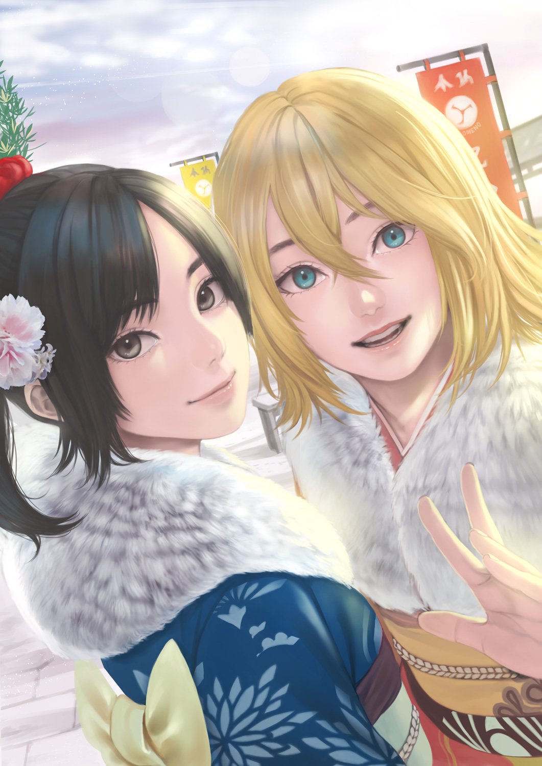 allison_(summer_lesson) bangs black_hair blonde_hair blue_eyes blue_kimono blurry blurry_background brown_eyes closed_mouth clouds cloudy_sky commentary_request day depth_of_field flower fur_trim hair_between_eyes hair_flower hair_ornament hand_up highres japanese_clothes kimono long_hair long_sleeves looking_at_viewer miyamoto_hikari obi outdoors parted_lips ponytail red_kimono rungsak_sontayanont sash self_shot sign sky smile summer_lesson swept_bangs