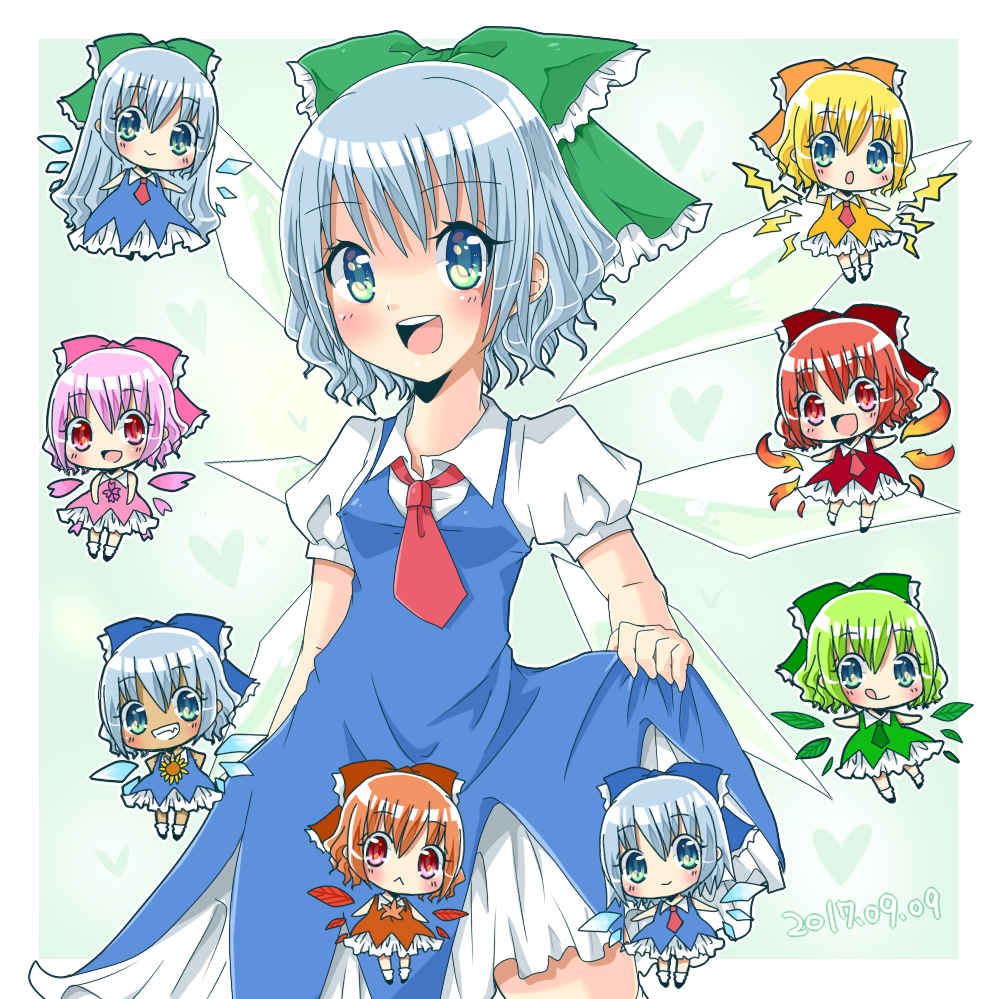 1girl :&gt; :&lt; :d :o :q achi_cirno alternate_color alternate_element alternate_hair_length alternate_hairstyle aqua_eyes artist_request blonde_hair blue_bow blue_dress blue_eyes blue_hair bow cherry_blossoms chibi cirno commentary dated dress electrical_wings fiery_wings flower green_bow green_dress green_hair grin hair_bow hapa_cirno heart ice ice_wings ikazu_cirno leaf_wings long_hair looking_at_viewer necktie open_mouth orange_bow orange_dress orange_hair pink_bow pink_dress pink_hair plant_wings puffy_short_sleeves puffy_sleeves red_bow red_dress red_eyes redhead sakura_cirno short_hair short_sleeves skirt_hold smile sunflower tan tanned_cirno tongue tongue_out touhou variations very_long_hair wings yellow_dress