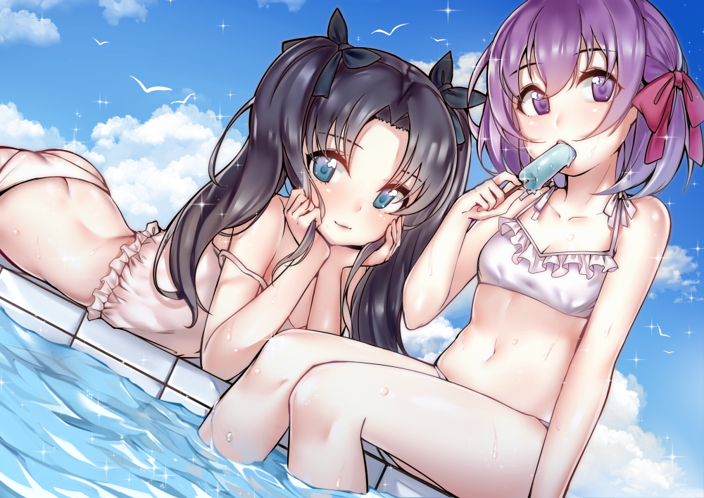 2girls ass bangs bikini bird black_hair blue_eyes blue_sky bob_cut breasts chin_rest cleavage closed_mouth clouds cloudy_sky day dutch_angle eating eyebrows_visible_through_hair fate_(series) food hair_ribbon long_hair looking_at_viewer lying matou_sakura mouth_hold multiple_girls navel on_stomach outdoors parted_bangs popsicle ribbon short_hair siblings sisters sitting sky small_breasts smile soaking_feet sparkle strap_slip sunege_(hp0715) sweat swimsuit tohsaka_rin twintails white_bikini younger