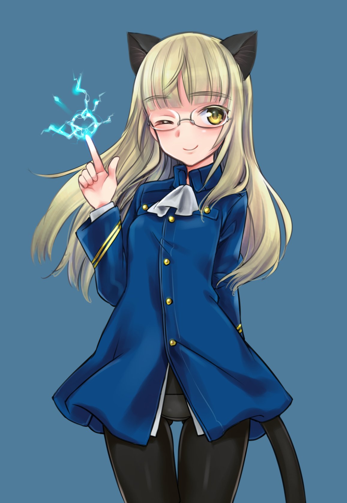 1girl amefre animal_ears bangs black_legwear blonde_hair blue_background blue_jacket blunt_bangs cat_ears cat_tail closed_mouth commentary_request cowboy_shot electricity eyebrows_visible_through_hair glasses highres jacket long_hair long_sleeves looking_at_viewer military military_uniform no_pants panties panties_under_pantyhose pantyhose perrine_h_clostermann shirt simple_background smile solo standing strike_witches tail thigh_gap underwear uniform white_ascot white_shirt world_witches_series yellow_eyes