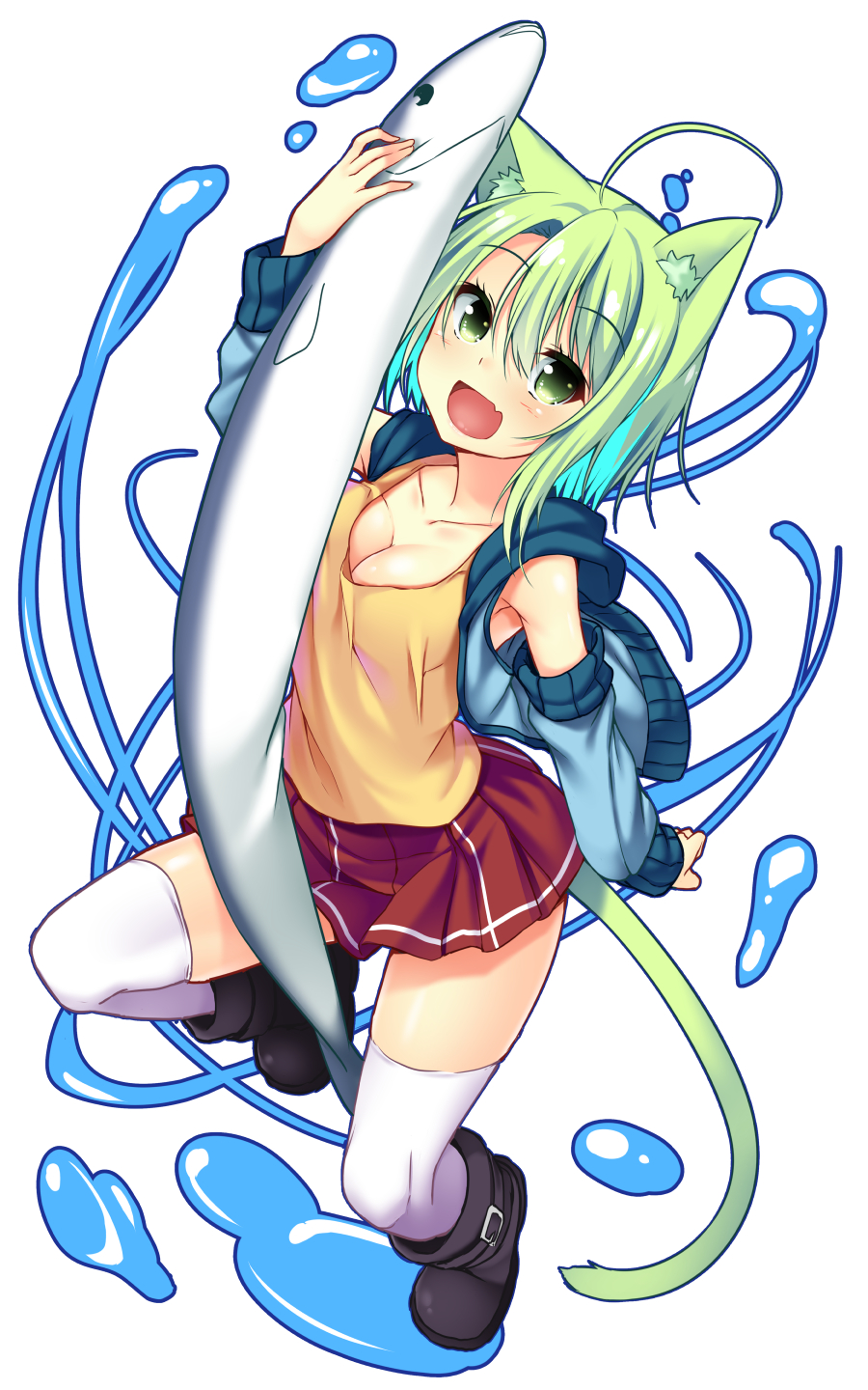 1girl :d animal_ears bangs black_boots boots breasts cat_ears cat_girl cat_tail cleavage dodome-iro_mayonnaise eyebrows_visible_through_hair fang full_body green_eyes green_hair hair_between_eyes highres hood hoodie looking_at_viewer medium_breasts open_mouth original red_skirt sardine short_hair skirt sleeveless sleeveless_hoodie smile solo tail tank_top thigh-highs white_legwear