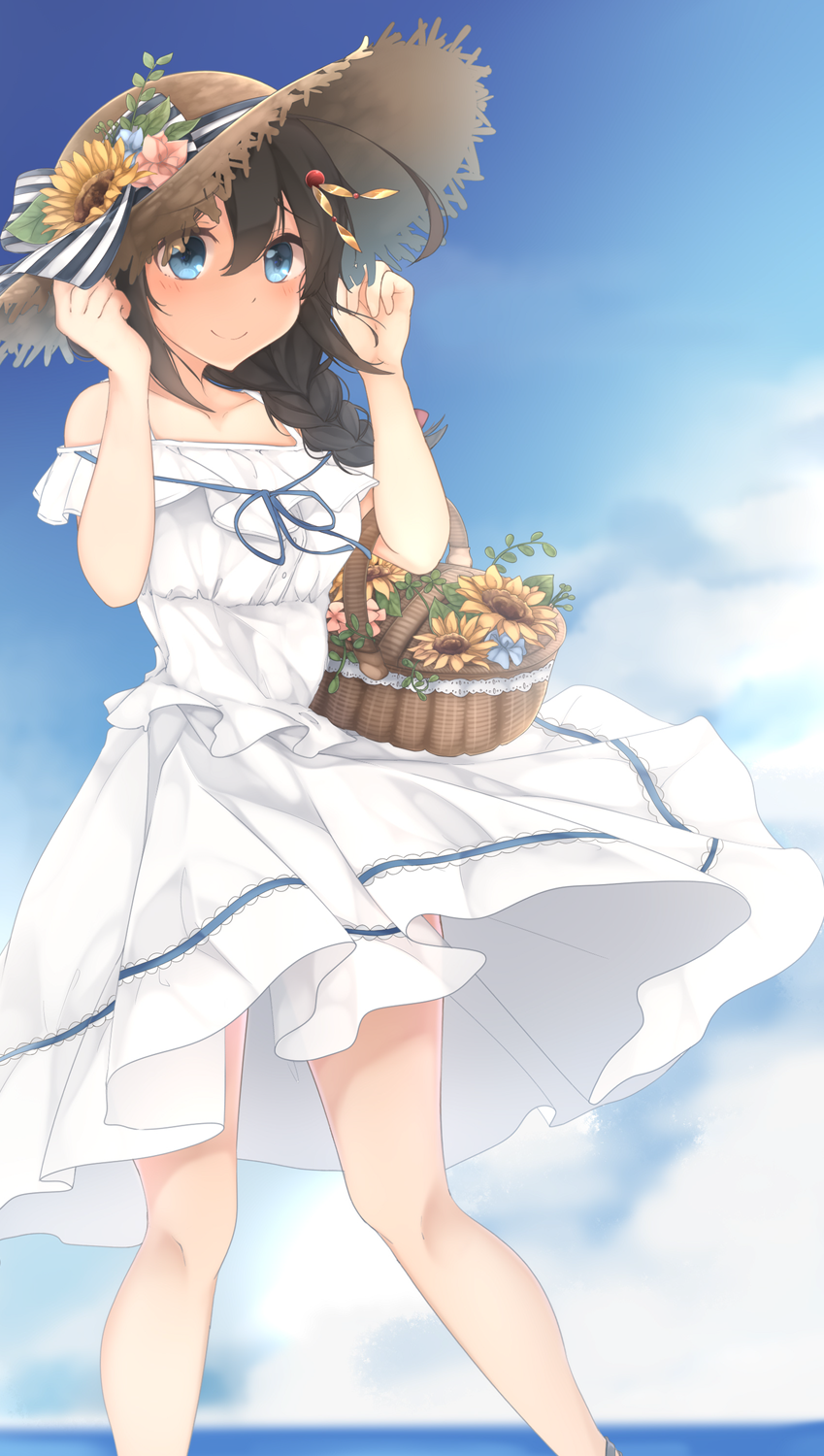 1girl bare_shoulders basket black_hair blue_eyes blue_sky blush braid closed_mouth clouds day dress flower hair_ornament hat highres kantai_collection long_hair looking_at_viewer neko_ame ocean outdoors remodel_(kantai_collection) shigure_(kantai_collection) single_braid sky smile solo standing straw_hat sunflower white_dress
