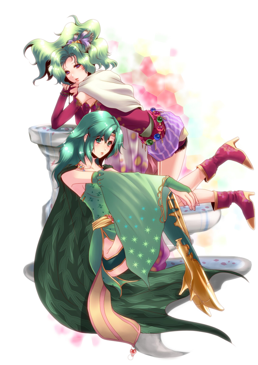 2girls aqua_eyes aqua_hair bangs bare_shoulders blush boots bridal_gauntlets cape chona commentary_request dress elbow_rest final_fantasy final_fantasy_iv final_fantasy_vi floating fountain full_body gloves green_cape green_dress green_hair high_heels highres long_hair looking_at_viewer multicolored multicolored_background multiple_girls parted_lips petals petals_on_water pink_boots pink_gloves pink_shirt rydia shirt sitting sleeveless sleeveless_dress sleeveless_shirt tiara tina_branford violet_eyes white_cape