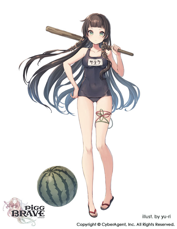 1girl artist_name bangs blunt_bangs breasts brown_hair club competition_school_swimsuit copyright_name covered_navel food fruit full_body green_eyes hand_on_hips long_hair medium_breasts official_art over_shoulder pigg_brave sandals solo standing swimsuit watermark watermelon weapon yu-ri