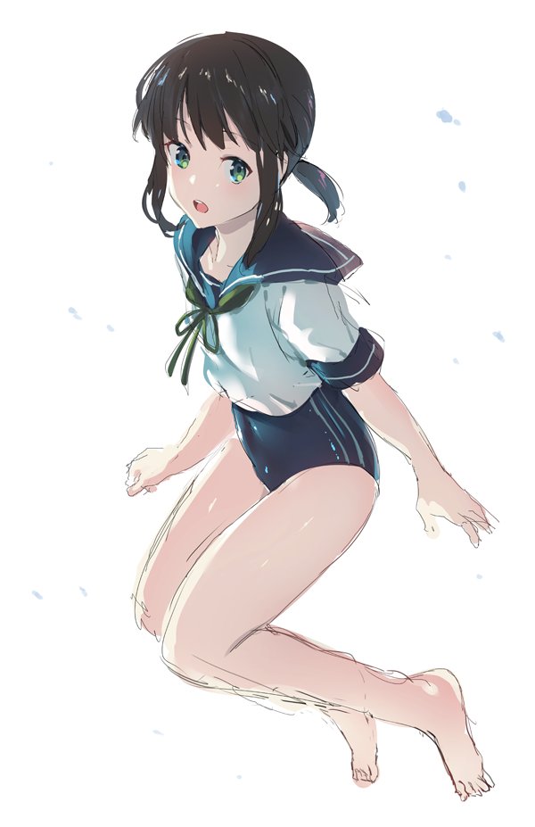 1girl barefoot fubuki_(kantai_collection) green_eyes jpeg_artifacts kantai_collection low_ponytail new_school_swimsuit open_mouth school_swimsuit school_uniform serafuku sketch solo swimsuit swimsuit_under_clothes weee_(raemz)