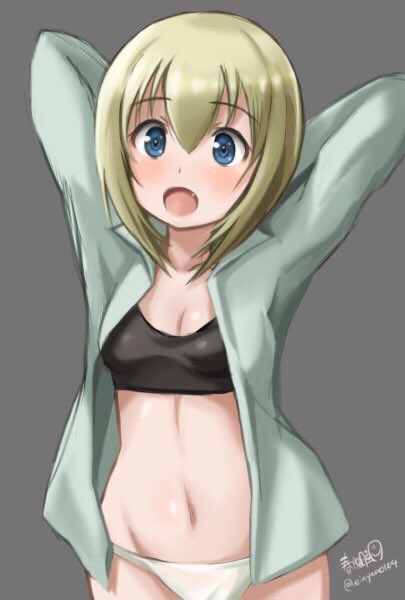 1girl arms_behind_head artist_name bangs black_bra blonde_hair blue_eyes bra breasts cleavage commentary_request erica_hartmann eyebrows_visible_through_hair haruhata_mutsuki looking_at_viewer medium_breasts navel no_pants open_clothes open_mouth open_shirt panties shirt short_hair signature smile solo standing strike_witches twitter_username underwear upper_body white_panties white_shirt world_witches_series