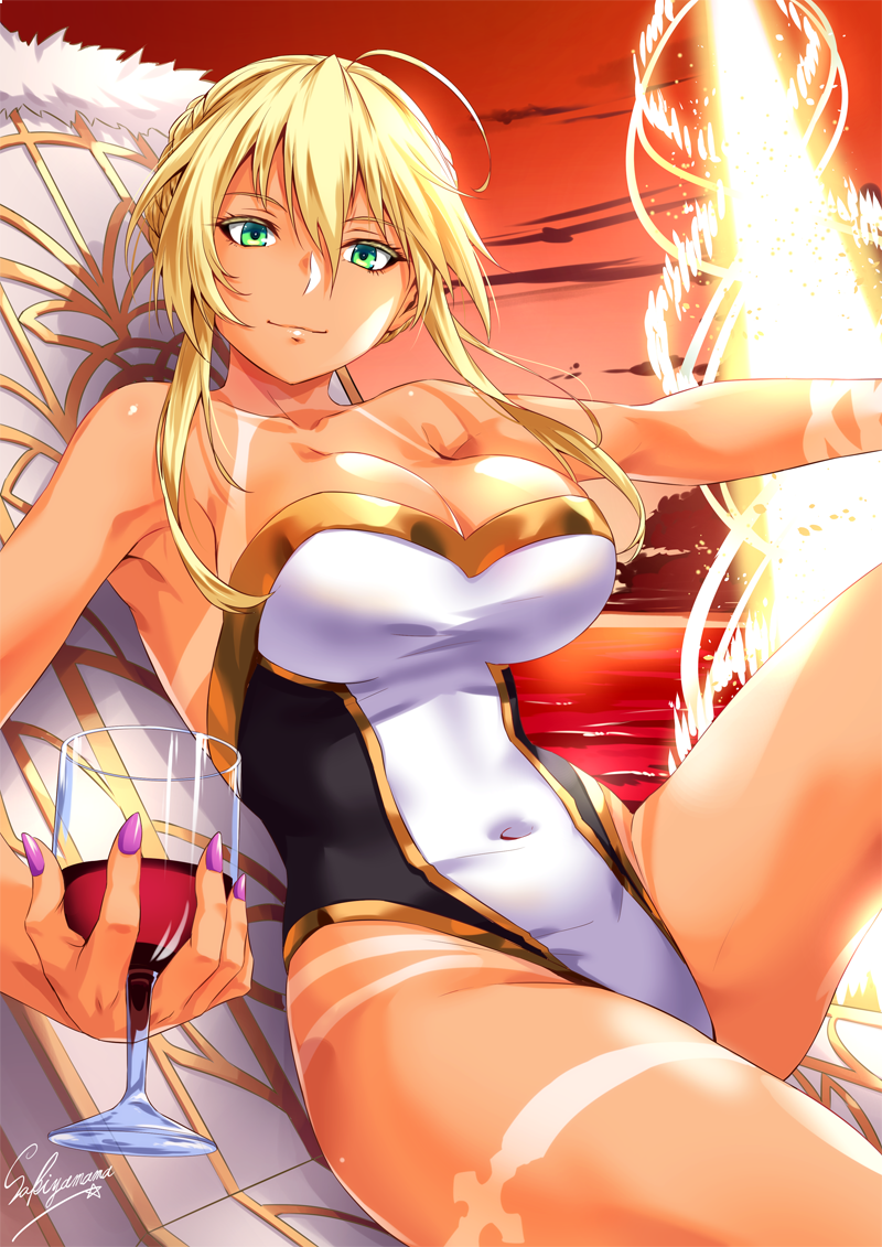 1girl ahoge armpits artist_name artoria_pendragon_(all) artoria_pendragon_(lancer) bangs beach beach_chair blonde_hair braid breasts cleavage clouds collarbone covered_navel cup cupping_glass drinking_glass fate/grand_order fate_(series) fingernails french_braid gold_trim green_eyes hair_between_eyes holding_glass knee_up large_breasts lips looking_at_viewer nail_polish one-piece_swimsuit purple_nails sakiyamama sitting sky smile solo strapless strapless_swimsuit sunset swimsuit tan tanline two-tone_swimsuit wine_glass