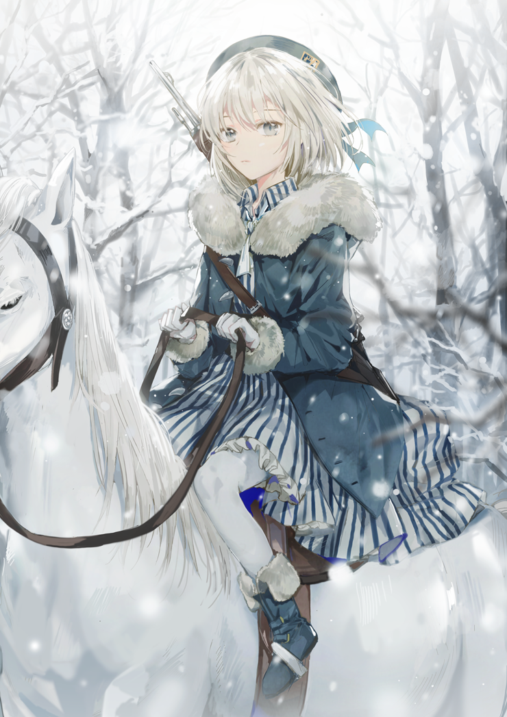 1girl bangs blue_dress boots closed_mouth coat dangmill dress frills fur_boots fur_collar fur_trim grey_eyes grey_eyes grey_hair hat horse horseback_riding looking_at_viewer open_clothes open_coat original outdoors pantyhose riding silver_hair skirt snow solo striped striped_dress tsurime white_legwear winter_clothes