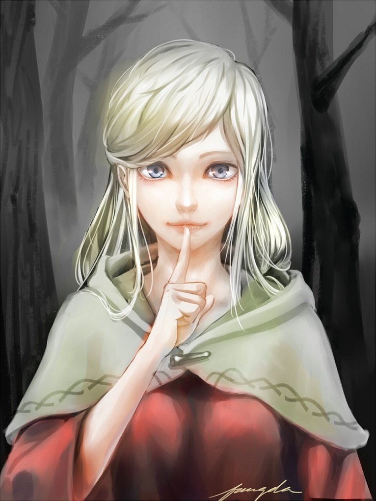 1girl bangs blue_eyes cloak eyelashes finger_to_mouth forest hood hooded_cloak houtachi index_finger_raised lips long_hair looking_at_viewer nature original outdoors shushing smile solo swept_bangs tree upper_body white_hair