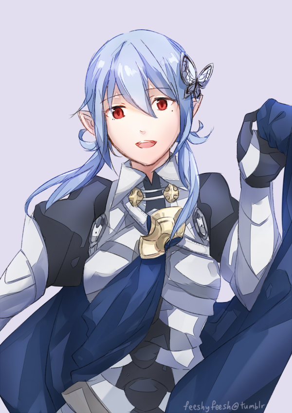 1girl blue_skirt butterfly_hair_ornament cape elbow_gloves feesh female_my_unit_(fire_emblem_if) fire_emblem fire_emblem_if flower gloves grey_background hair_ornament long_hair looking_at_viewer my_unit_(fire_emblem_if) pointy_ears red_eyes simple_background skirt smile solo