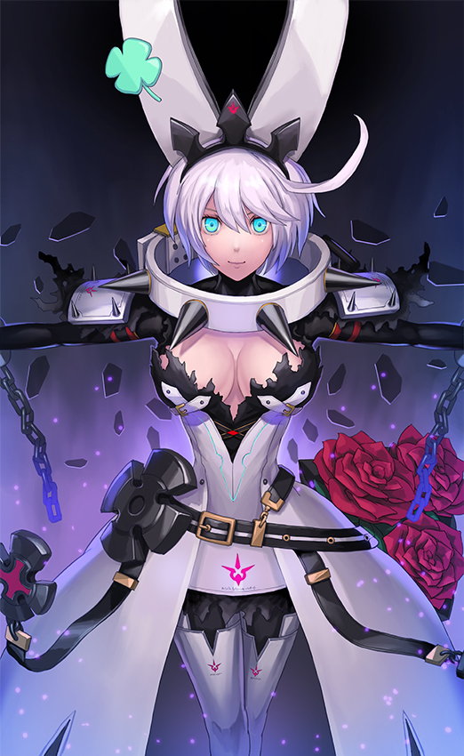 1girl ahoge blue_eyes boots breasts cleavage clover cowboy_shot dress elphelt_valentine flower four-leaf_clover guilty_gear guilty_gear_xrd hairband headgear large_breasts looking_at_viewer maekawa_yuichi outstretched_arms red_rose rose short_hair silver_hair smile solo spikes spread_arms thigh-highs thigh_boots white_dress