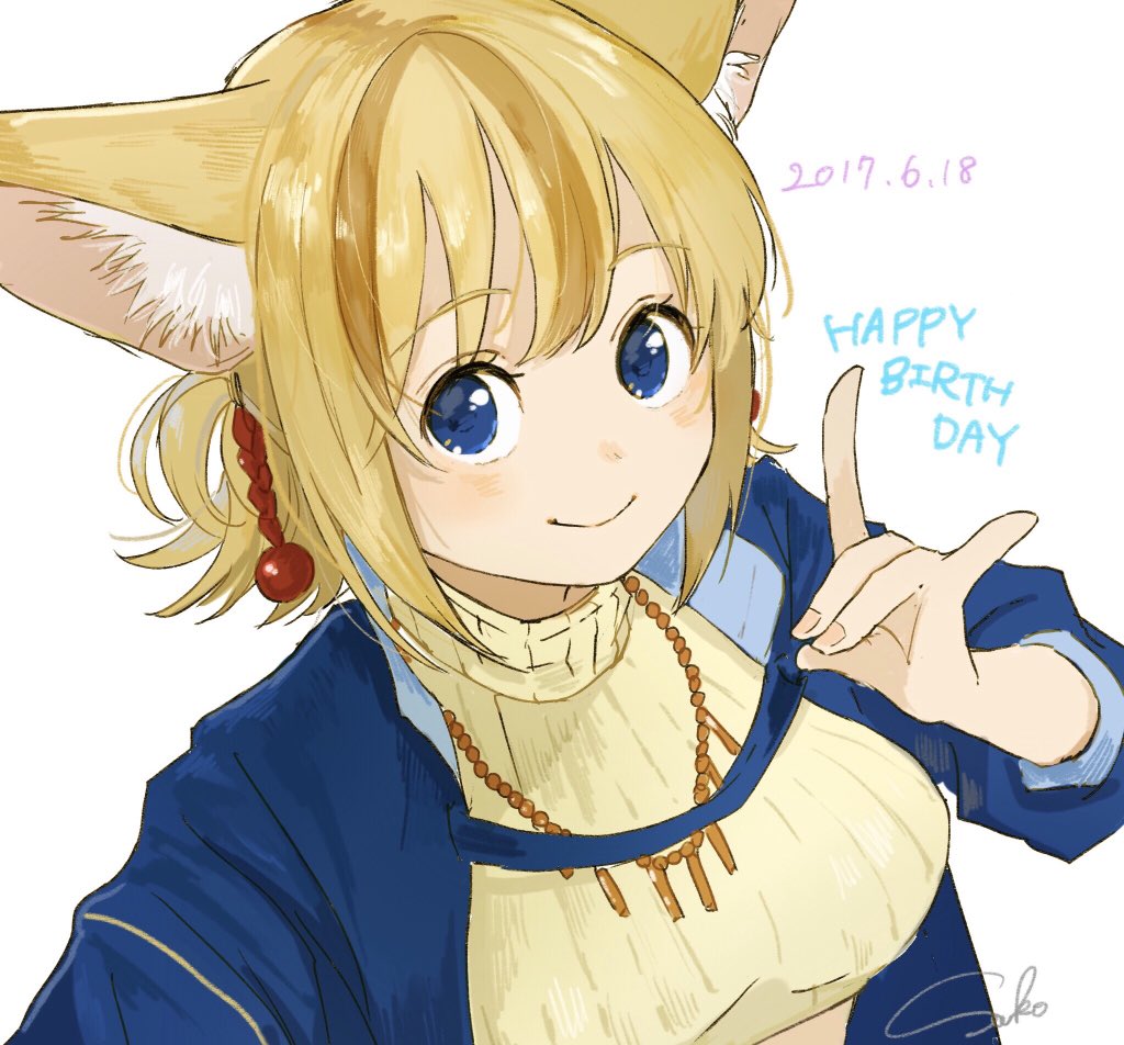 1girl animal_ears bangs blonde_hair blue_eyes blue_jacket breasts closed_mouth dated earrings english fox_ears fox_shadow_puppet happy_birthday jacket jewelry large_breasts looking_at_viewer multicolored_hair open_clothes open_jacket sako_(user_ndpz5754) short_hair signature sleeves_rolled_up smile solo streaked_hair sweater turtleneck turtleneck_sweater yellow_sweater