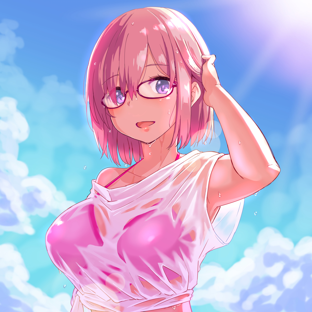 1girl armpit_peek blue_sky breasts clouds day fate/grand_order fate_(series) glasses light_smile looking_to_the_side medium_breasts open_mouth pink-framed_eyewear pink_hair see-through shielder_(fate/grand_order) shirt short_hair short_sleeves sky solo sunlight upper_body violet_eyes wet wet_clothes wet_hair wet_shirt zaxwu