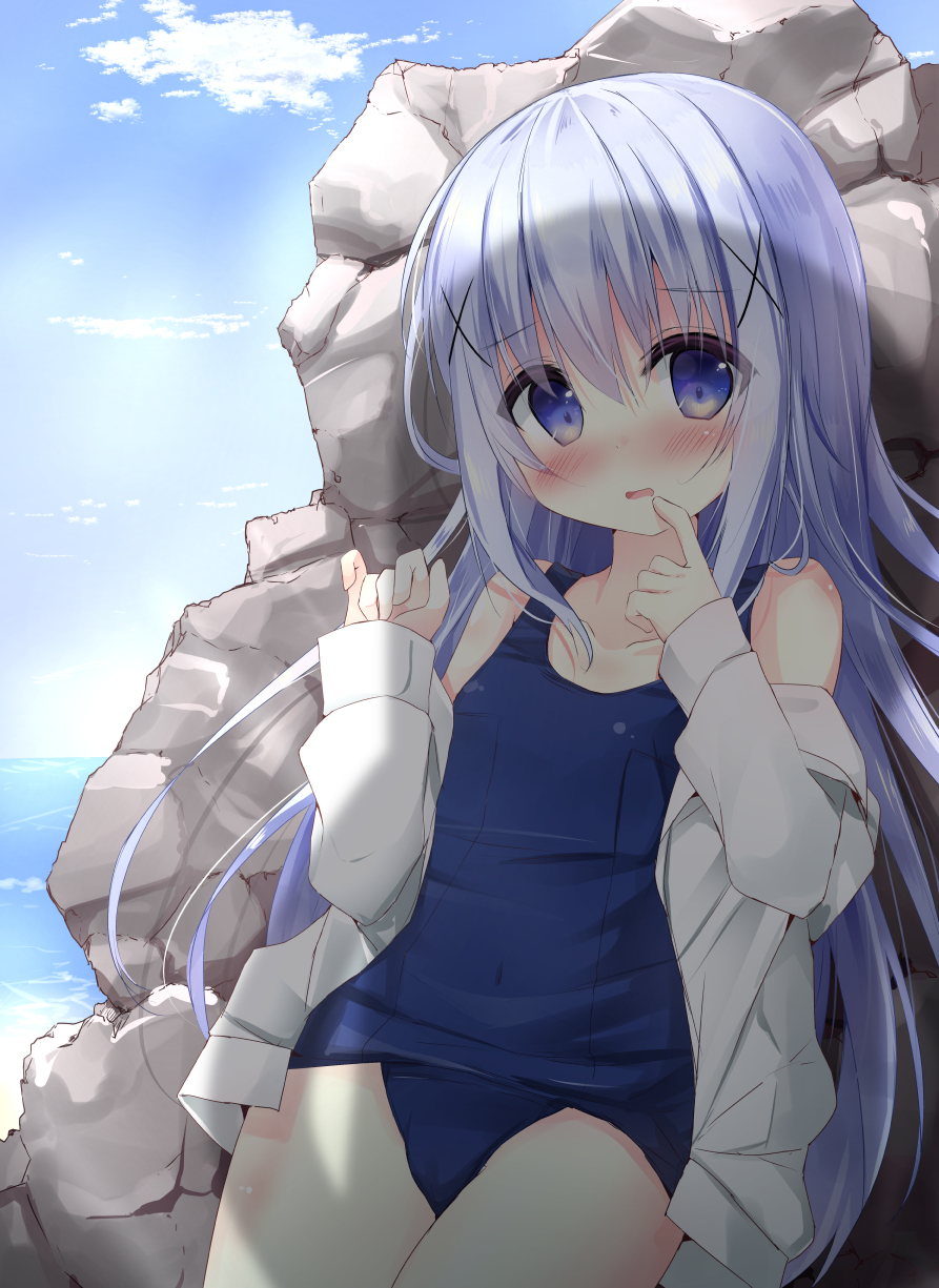 1girl bangs bare_shoulders beach blue_eyes blush breasts collarbone commentary_request covered_navel cowboy_shot day eyebrows_visible_through_hair finger_to_mouth gochuumon_wa_usagi_desu_ka? hair_between_eyes hair_ornament hairclip highres jacket jacket_over_swimsuit kafuu_chino kouda_suzu light_blue_hair long_hair long_sleeves looking_at_viewer ocean off_shoulder one-piece_swimsuit open_mouth outdoors rock school_swimsuit sidelocks small_breasts solo standing swimsuit white_jacket x_hair_ornament