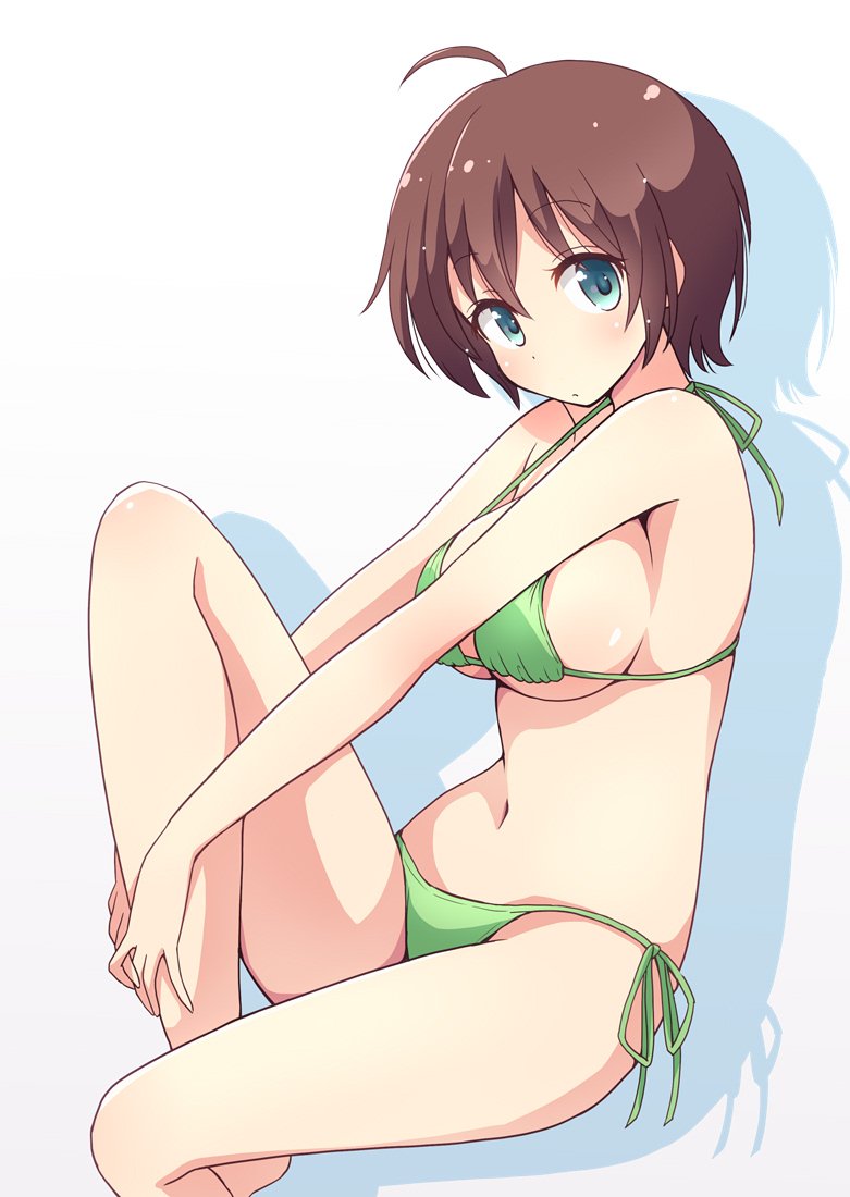 1girl ahoge aqua_eyes bangs barefoot bikini blush breasts brown_hair closed_mouth commentary_request eyebrows_visible_through_hair green_bikini hands_on_own_leg knee_up large_breasts looking_at_viewer mel_(melty_pot) navel new_game! shadow shinoda_hajime short_hair side-tie_bikini sitting solo stomach swimsuit white_background