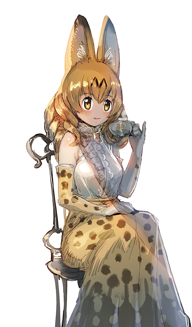 1girl adapted_costume alternate_hair_length alternate_hairstyle animal_ears blonde_hair blush bow bow_(bhp) bowtie chair cup dress drill_hair elbow_gloves frills gloves holding holding_cup japari_symbol kemono_friends long_hair looking_at_viewer pinky_out ringlets serval_(kemono_friends) serval_ears serval_print sitting smile solo teacup white_background yellow_eyes