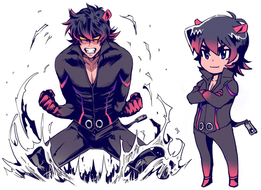 1boy angry animal_ears black_hair bodysuit chibi clenched_hands clenched_teeth cosplay crossed_arms gradient_hair hippopotamus_(kemono_friends) hippopotamus_(kemono_friends)_(cosplay) hippopotamus_ears hippopotamus_tail hyakujuu-ou_golion keith_(voltron) kemono_friends male_focus multicolored_hair no_pupils pectorals smile splashing squatting teeth unko_yoshida violet_eyes voltron:_legendary_defender yellow_sclera