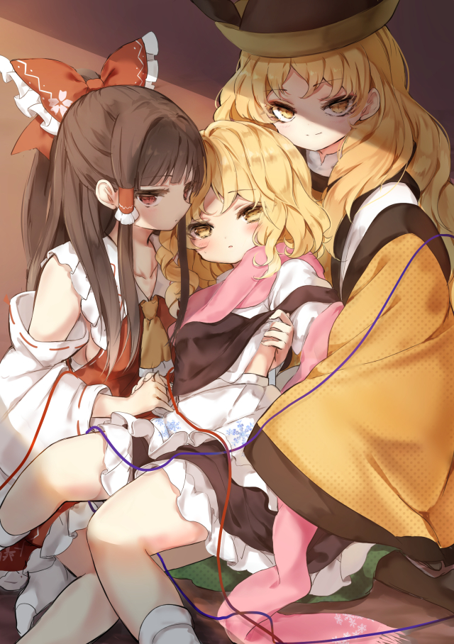 3girls apron bare_shoulders blonde_hair blouse blush bow breasts brown_hair commentary detached_sleeves hair_bow hair_tubes hakurei_reimu hand_holding hidden_star_in_four_seasons japanese_clothes kimono kirisame_marisa large_bow lifted_by_another looking_at_viewer matara_okina medium_breasts multiple_girls no_hat no_headwear pink_scarf piyokichi red_eyes scarf shaded_face shirt_lift sideboob skirt skirt_set slit_pupils straight_hair touhou vest waist_apron wavy_hair yellow_eyes yuri