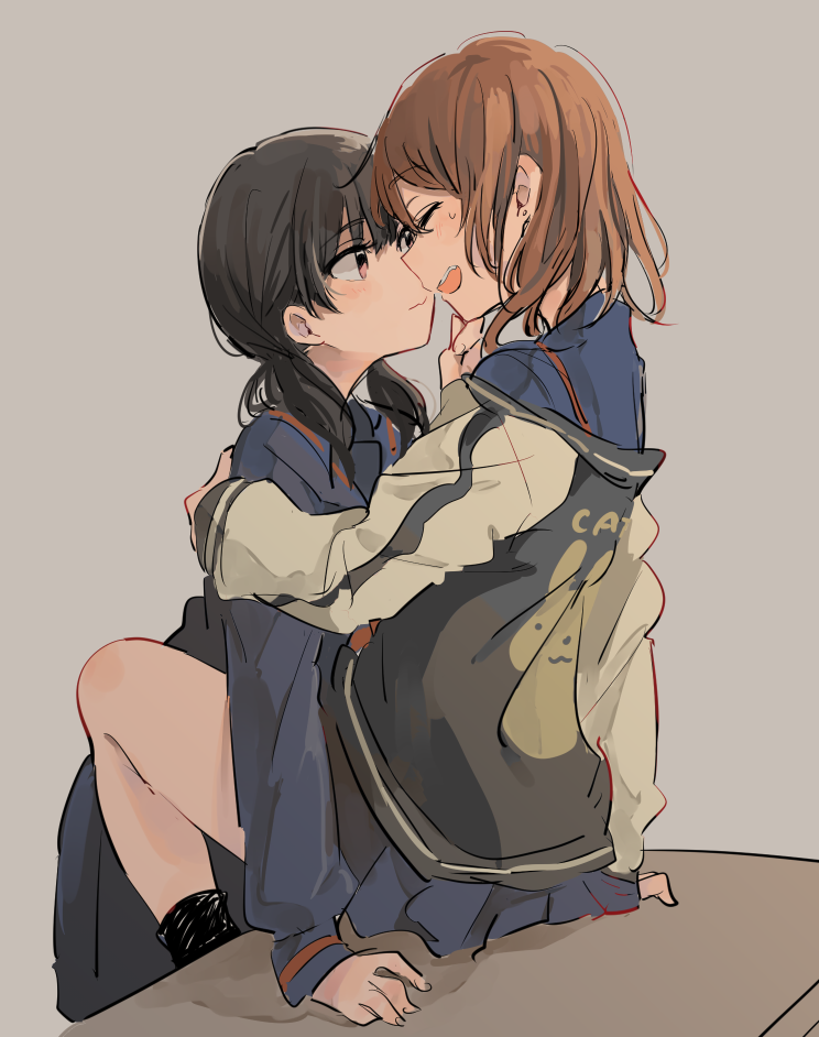 2girls :d ^_^ black_hair blue_skirt blush brown_eyes brown_hair closed_eyes closed_mouth jacket letterman_jacket long_sleeves low_twintails monsieur multiple_girls open_clothes open_jacket open_mouth original pleated_skirt school_uniform serafuku short_hair sitting skirt smile sweatdrop twintails yuri