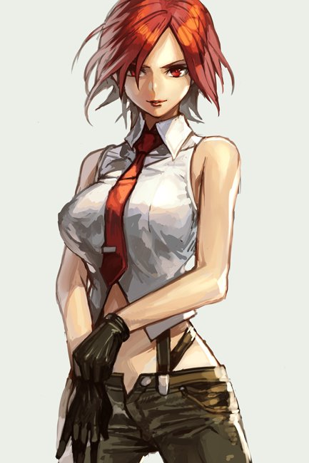 bare_shoulders black_gloves breasts gloves grey_background hankuri large_breasts looking_at_viewer midriff necktie parted_lips red_eyes redhead shirt short_hair simple_background sleeveless sleeveless_shirt suspenders the_king_of_fighters vanessa_(king_of_fighters)