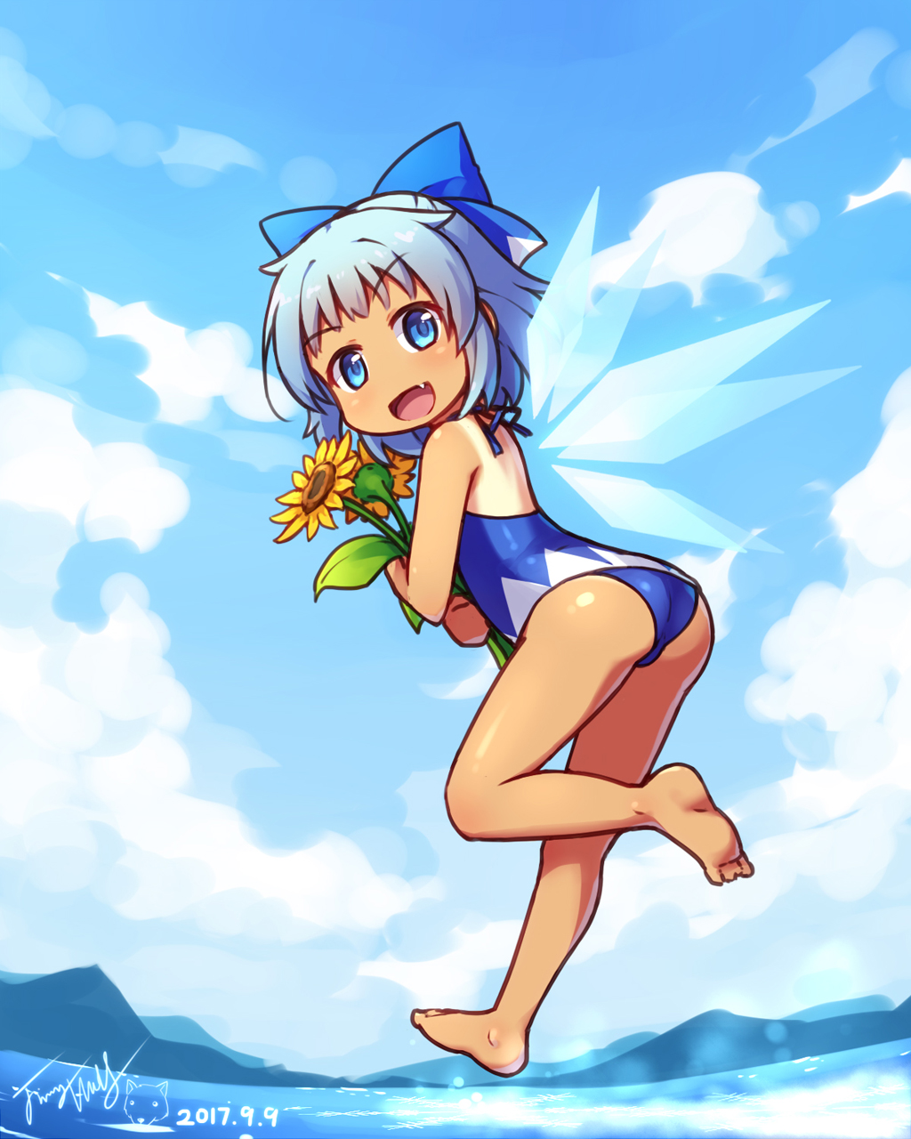 ass bare_back bare_shoulders barefoot blush bow cirno clouds cloudy_sky dark_skin dated fang flower from_behind hair_bow highres holding langbazi looking_at_viewer one-piece_swimsuit open_mouth signature sky smile sunflower swimsuit tan tanline tanned_cirno touhou water wings