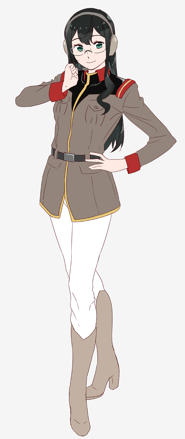 1girl belt black_hair boots flat_color glasses green_eyes gundam hand_on_hip hand_up headphones headset highres jacket kantai_collection legs_together long_hair long_sleeves military military_uniform mobile_suit_gundam ojipon ooyodo_(kantai_collection) pants sidelocks smile solo uniform white_background white_pants
