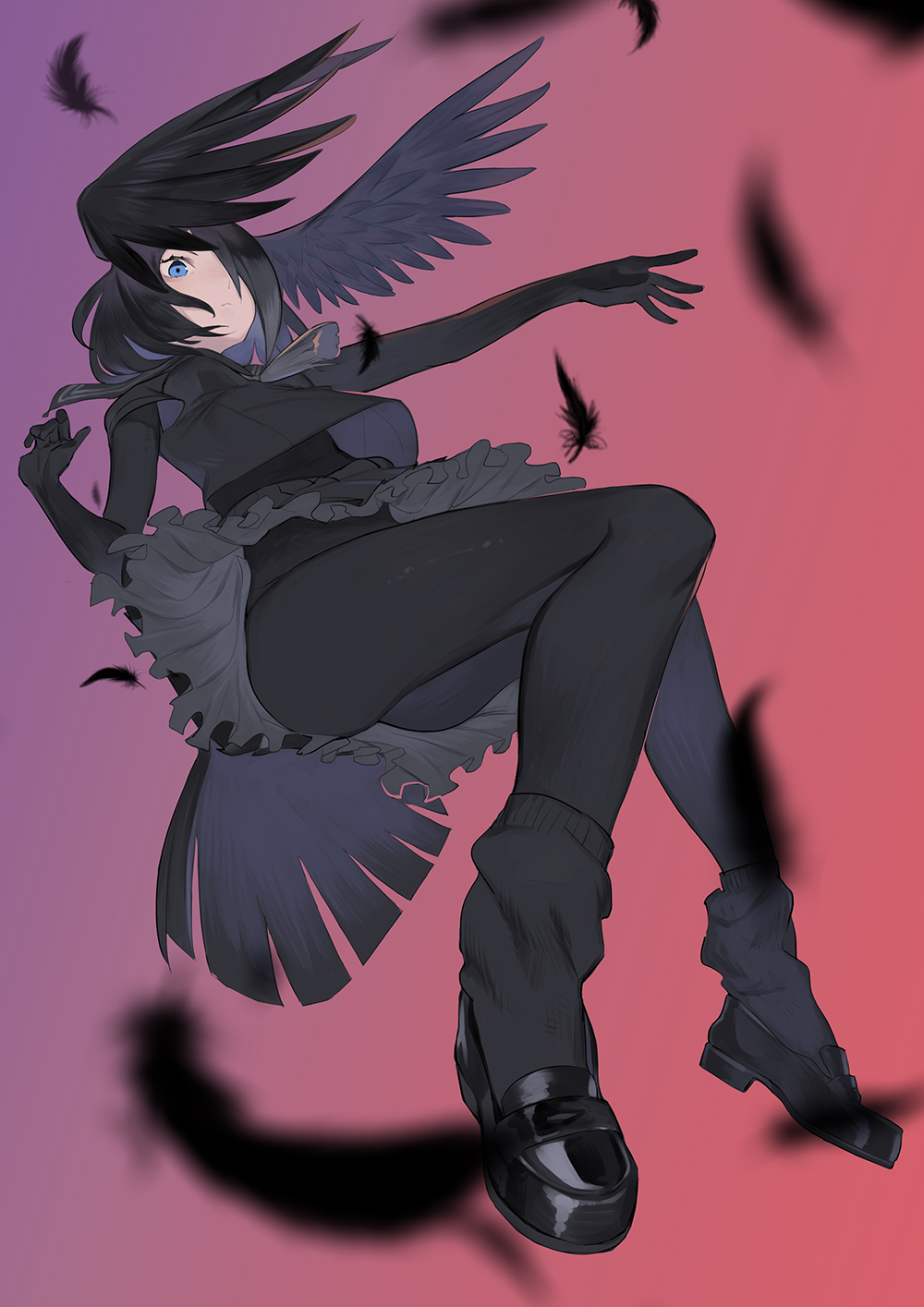1girl black_hair blue_eyes feathered_wings feathers gloves hair_over_one_eye highres jungle_crow_(kemono_friends) juz kemono_friends long_hair pantyhose sailor_collar solo wings