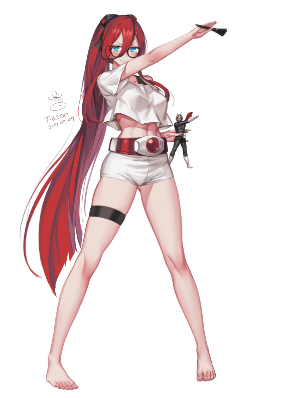 1girl arm_up barefoot belt blue_eyes blush character_name character_request closed_mouth copyright_request dated full_body girls_frontline hair_between_eyes long_hair looking_at_viewer off-shoulder_shirt off_shoulder pose redhead shirt short_shorts short_sleeves shorts simple_background smile solo standing suerte t-5000_(girls_frontline) thigh_strap very_long_hair white_background white_shirt white_shorts