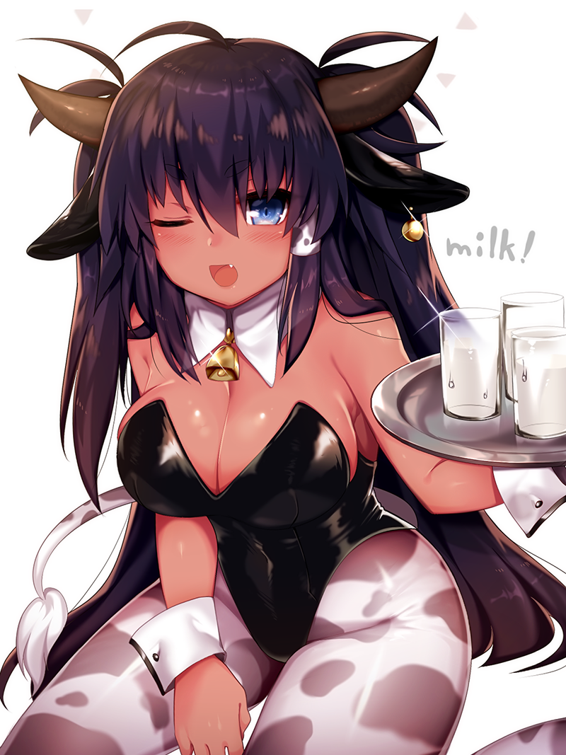 1girl :d animal_ears animal_print bare_shoulders bell bell_collar black_hair blue_eyes blush breasts bunnysuit collar cow_bell cow_ears cow_horns cow_print cow_tail cup dark_skin detached_collar drinking_glass english fang hair_tubes horns large_breasts long_hair looking_at_viewer milk mofuaki one_eye_closed open_mouth original pantyhose simple_background sitting smile solo tail tray wariza white_background wrist_cuffs