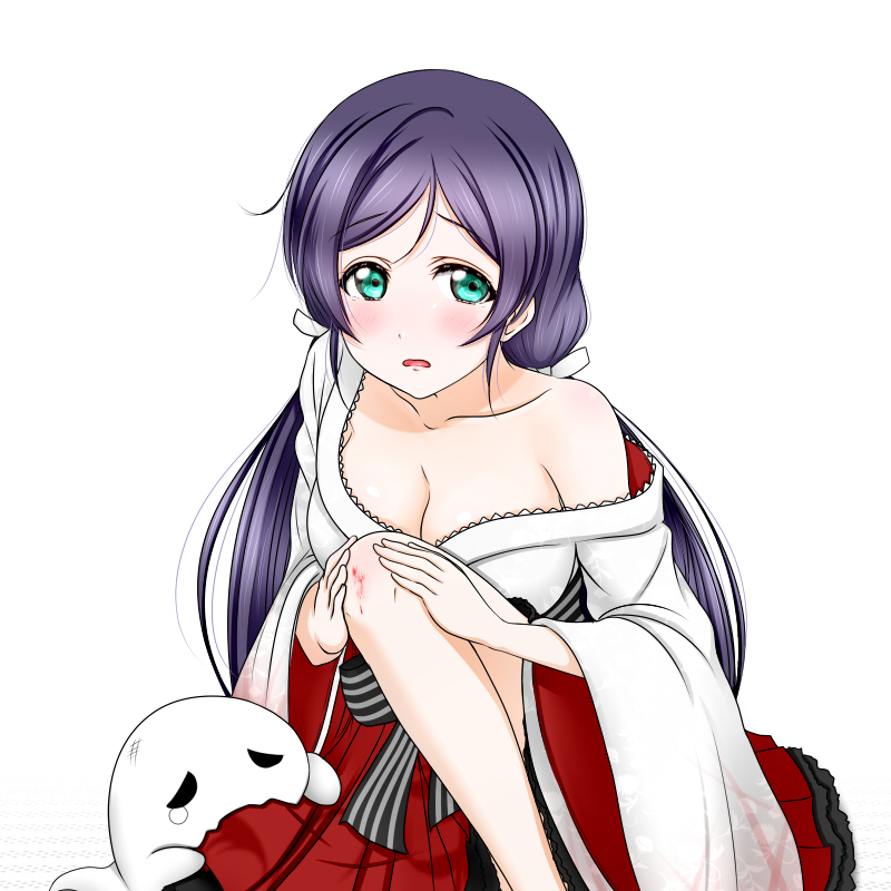 1girl aqua_eyes blood breasts bruise cleavage collarbone eyebrows_visible_through_hair hair_ribbon hakama injury japanese_clothes kimono large_breasts long_hair looking_at_viewer love_live! off_shoulder open_mouth purple_hair red_hakama ribbon roaru_(gyuren) simple_background solo toujou_nozomi twintails very_long_hair white_background white_kimono white_ribbon