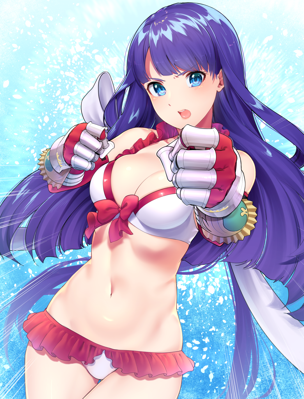 1girl bangs bikini blue_eyes breasts cleavage clenched_hands cowboy_shot d:&lt; dutch_angle elbow_gloves eyebrows_visible_through_hair fate/grand_order fate_(series) frilled_bikini frills gauntlets gloves highres hisayaki_kyuu large_breasts long_hair looking_at_viewer open_mouth purple_hair red_gloves saint_martha saint_martha_(swimsuit_ruler)_(fate) solo swimsuit teeth white_bikini