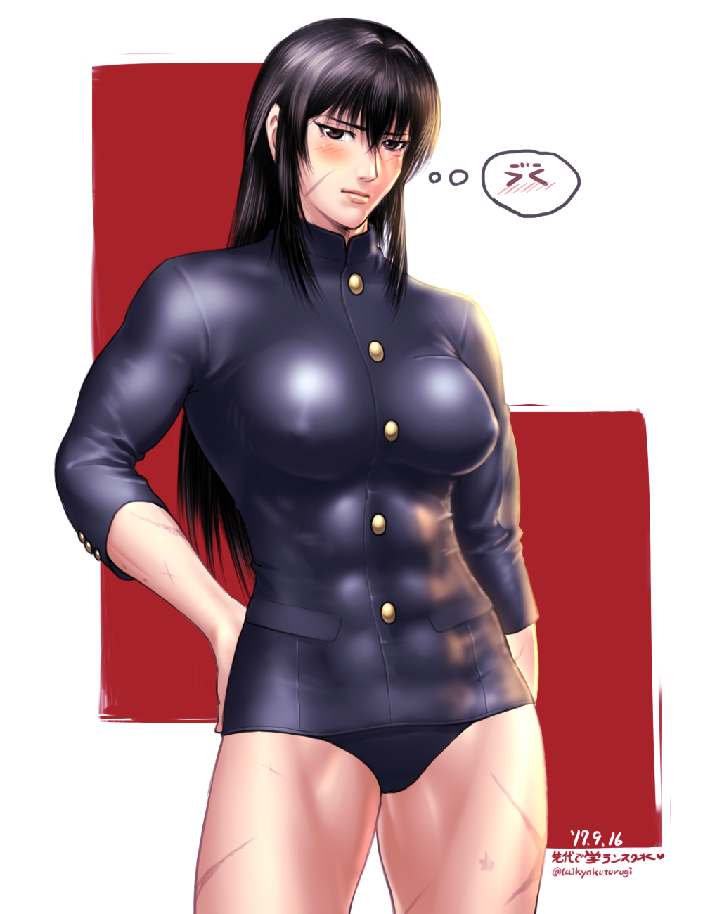 1girl abs akitsu_maru_(kantai_collection) akitsu_maru_(kantai_collection)_(cosplay) black_hair blush breasts brown_eyes buttons commentary_request cosplay erect_nipples facing_viewer hand_on_hip highres kantai_collection large_breasts looking_at_viewer m.u.g.e.n muscle muscular_female one-piece_swimsuit original scar sendai_hakurei_no_miko solo swimsuit taikyokuturugi touhou