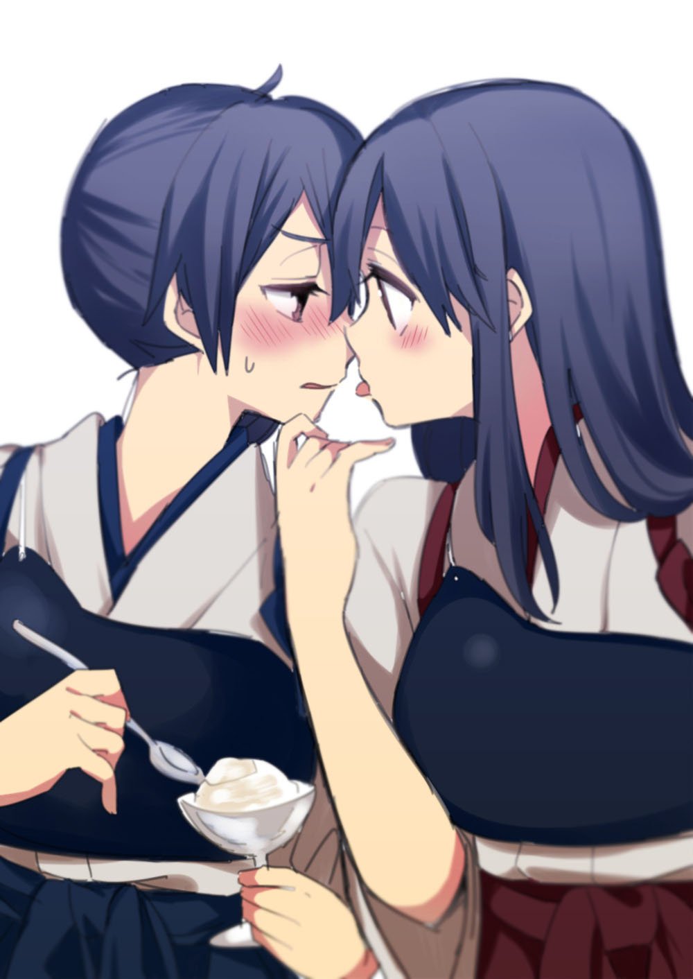 2girls akagi_(kantai_collection) azumada black_hair blue_hakama brown_eyes commentary_request dessert eye_contact food hakama hakama_skirt half-closed_eyes highres holding holding_spoon ice_cream japanese_clothes kaga_(kantai_collection) kantai_collection kimono long_hair long_sleeves looking_at_another multiple_girls muneate open_mouth red_hakama side_ponytail simple_background spoon straight_hair sweatdrop tasuki tongue tongue_out white_background white_kimono wide_sleeves