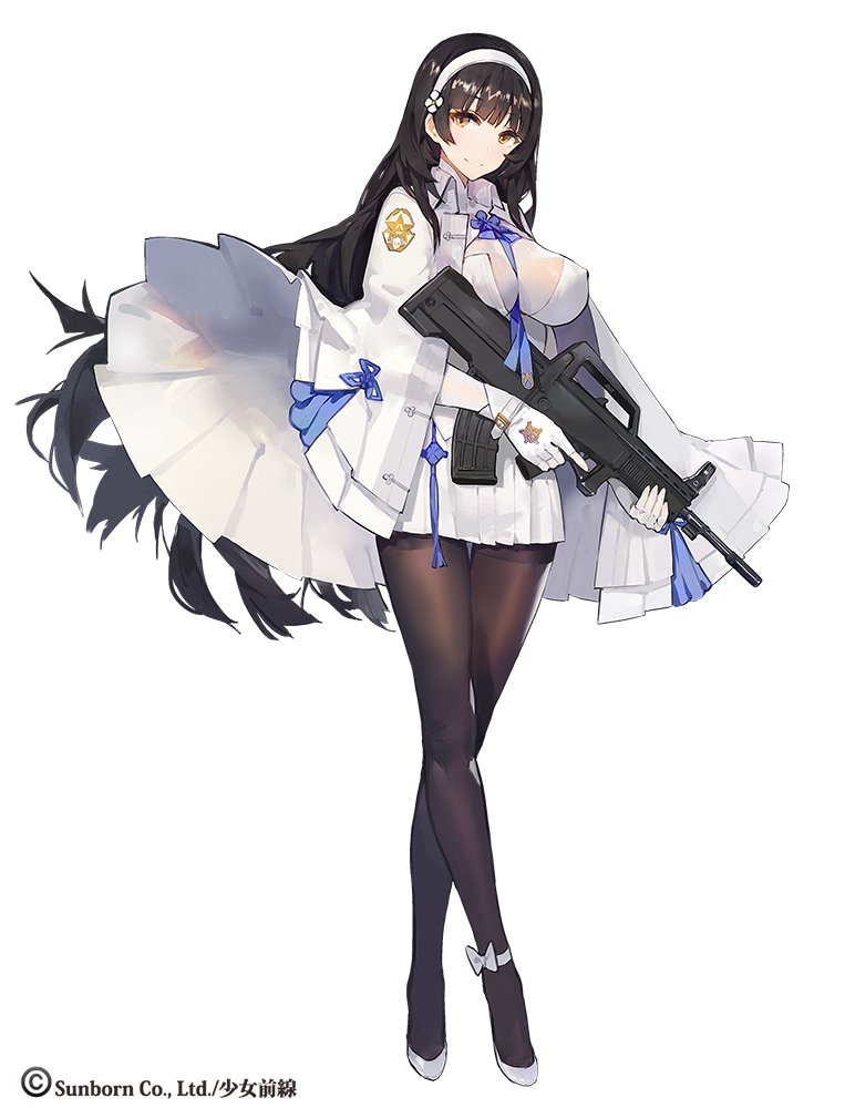 1girl ankle_ribbon assault_rifle august1st between_breasts black_hair breasts brown_eyes brown_legwear bullpup cloak erect_nipples fingerless_gloves flower full_body girls_frontline gloves gun hair_flower hair_ornament hairband holding holding_gun holding_weapon impossible_clothes kishiyo large_breasts legs_crossed long_hair looking_at_viewer pantyhose pleated_skirt qbz-95 qbz-95_(girls_frontline) ribbon rifle skirt smile solo standing thigh_gap thighband_pantyhose trigger_discipline very_long_hair watermark watson_cross weapon white_gloves white_hairband