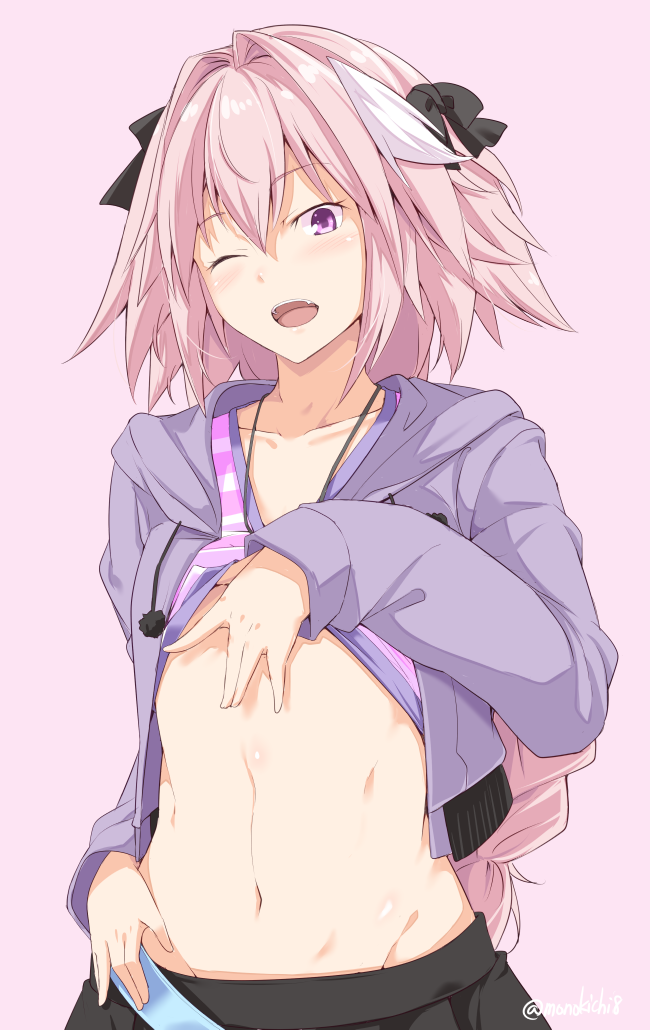 1boy ;d black_bow black_skirt blush bow braid casual clothes_lift drawstring eyebrows_visible_through_hair fate/apocrypha fate/grand_order fate_(series) hair_between_eyes hair_bow hair_intakes hair_ribbon hood hood_down hooded_jacket jacket kichihachi lifted_by_self long_hair long_sleeves male_focus multicolored_hair navel one_eye_closed open_clothes open_jacket open_mouth pink_background pink_hair pom_pom_(clothes) purple_jacket ribbon rider_of_black shirt shirt_lift simple_background single_braid skirt smile stomach streaked_hair striped striped_shirt trap twitter_username upper_body very_long_hair violet_eyes white_hair