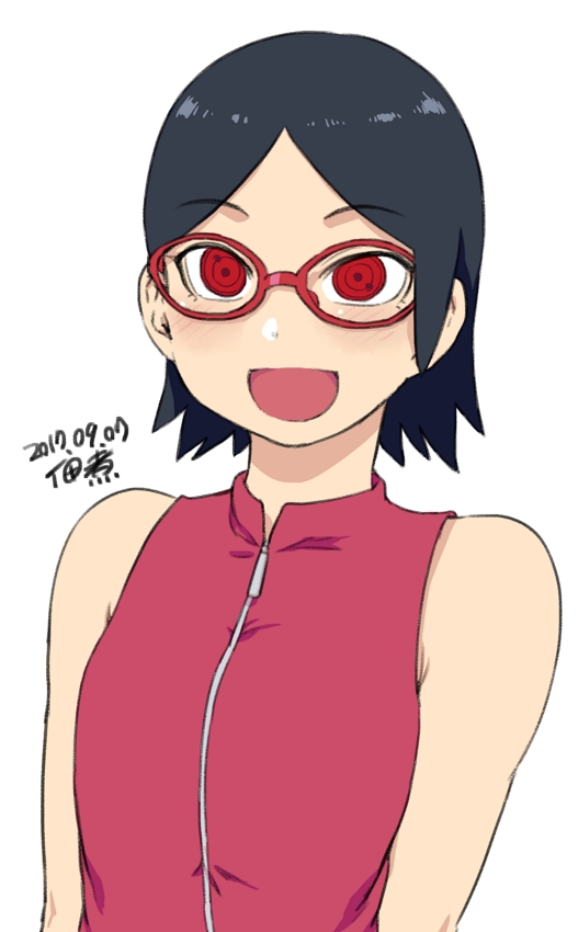 1girl :d bangs bare_shoulders black_hair blush dated eyebrows_visible_through_hair glasses jacket looking_at_viewer naruto open_mouth parted_bangs pink_jacket red_eyes sharingan short_hair signature simple_background sleeveless sleeveless_jacket smile solo tsukudani_(coke-buta) uchiha_sarada upper_body white_background