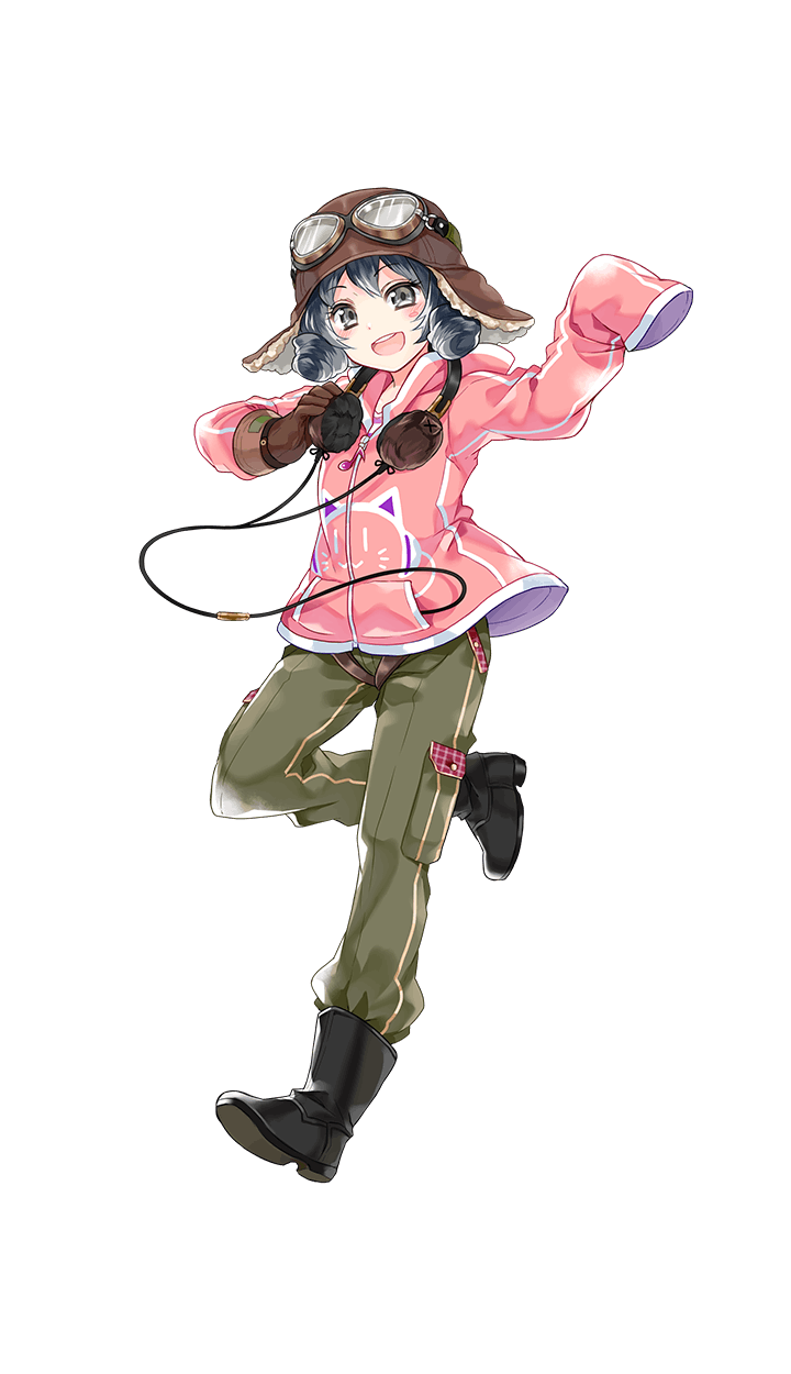 1girl :d aviator_cap black_boots black_hair boots brown_gloves drill_hair earphones formation_girls full_body gloves goggles goggles_on_headwear grey_eyes highres hood hoodie official_art open_mouth ririkuto sleeves_past_wrists smile takato_matsuri transparent_background twin_drills