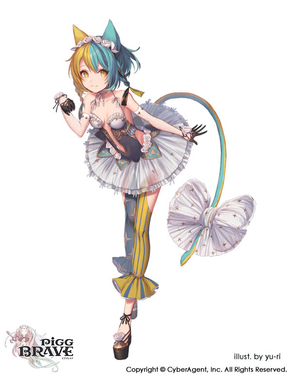 1girl animal_ears aqua_hair armband artist_name black_gloves blonde_hair bow breasts cat_ears copyright_name full_body gloves leaning_forward multicolored_hair navel_cutout official_art paw_pose pigg_brave simple_background small_breasts standing striped striped_legwear tail tutu two-tone_hair white_background white_bow yellow_eyes yellow_legwear yu-ri