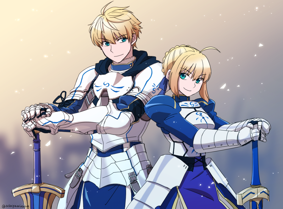 1boy 1girl ahoge armor armored_dress artoria_pendragon_(all) asaya_minoru blonde_hair blouse blue_eyes breastplate excalibur excalibur_(fate/prototype) fate/grand_order fate/prototype fate/stay_night fate_(series) gauntlets green_eyes pauldrons saber saber_(fate/prototype) sword weapon