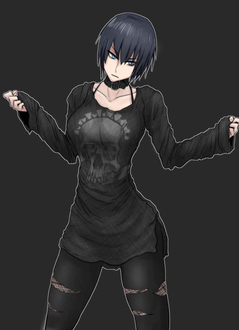 bhm black_background black_hair black_pants black_shirt blue_eyes breasts clenched_hands collar collarbone cowboy_shot frown large_breasts long_sleeves looking_at_viewer original outstretched_arms pants print_shirt shirt short_hair skull torn_clothes torn_pants