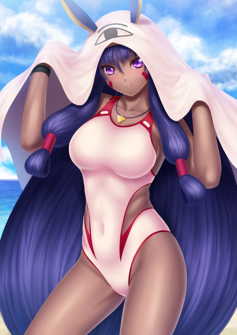 1girl clouds contrapposto covered_navel dark_skin facial_mark fate/grand_order fate_(series) hair_tubes highres jewelry long_hair masatoki necklace nitocris_(swimsuit_assassin)_(fate) one-piece_swimsuit outdoors sky swimsuit violet_eyes wristband