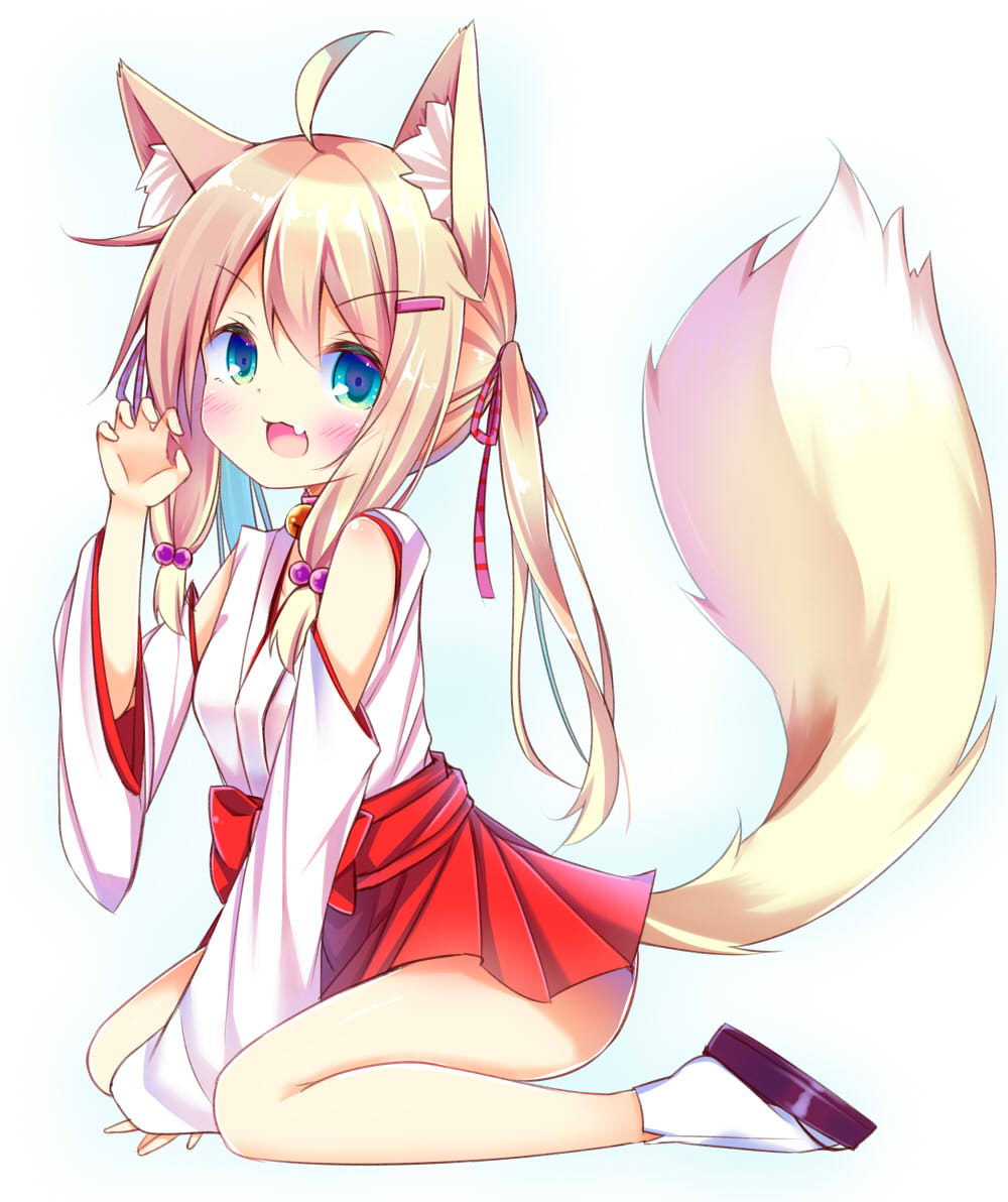 &gt;:3 &gt;:d 1girl :3 :d ahoge animal_ears arm_support bell bell_choker between_legs blonde_hair blue_eyes blush choker claw_pose commentary_request detached_sleeves esureki eyebrows_visible_through_hair fang fox_ears fox_girl fox_tail hair_between_eyes hair_bobbles hair_ornament hair_ribbon hairclip hakama hakama_skirt hand_between_legs hand_up japanese_clothes jingle_bell long_hair long_sleeves looking_at_viewer miko open_mouth original purple_ribbon red_hakama ribbon sidelocks simple_background sitting smile solo striped striped_ribbon tabi tail tareme twintails wariza white_background white_legwear white_sleeves wide_sleeves zouri