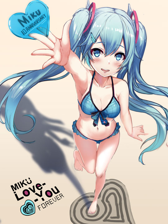 1girl :d arm_up bangs bare_legs barefoot beach bikini blue_bikini blue_eyes blue_hair blush breasts character_name collarbone eyebrows_visible_through_hair hair_between_eyes hair_ornament hairclip hatsune_miku heart long_hair looking_at_viewer medium_breasts navel open_mouth outstretched_arm rods sand sidelocks smile solo swimsuit teeth thighs twintails vocaloid