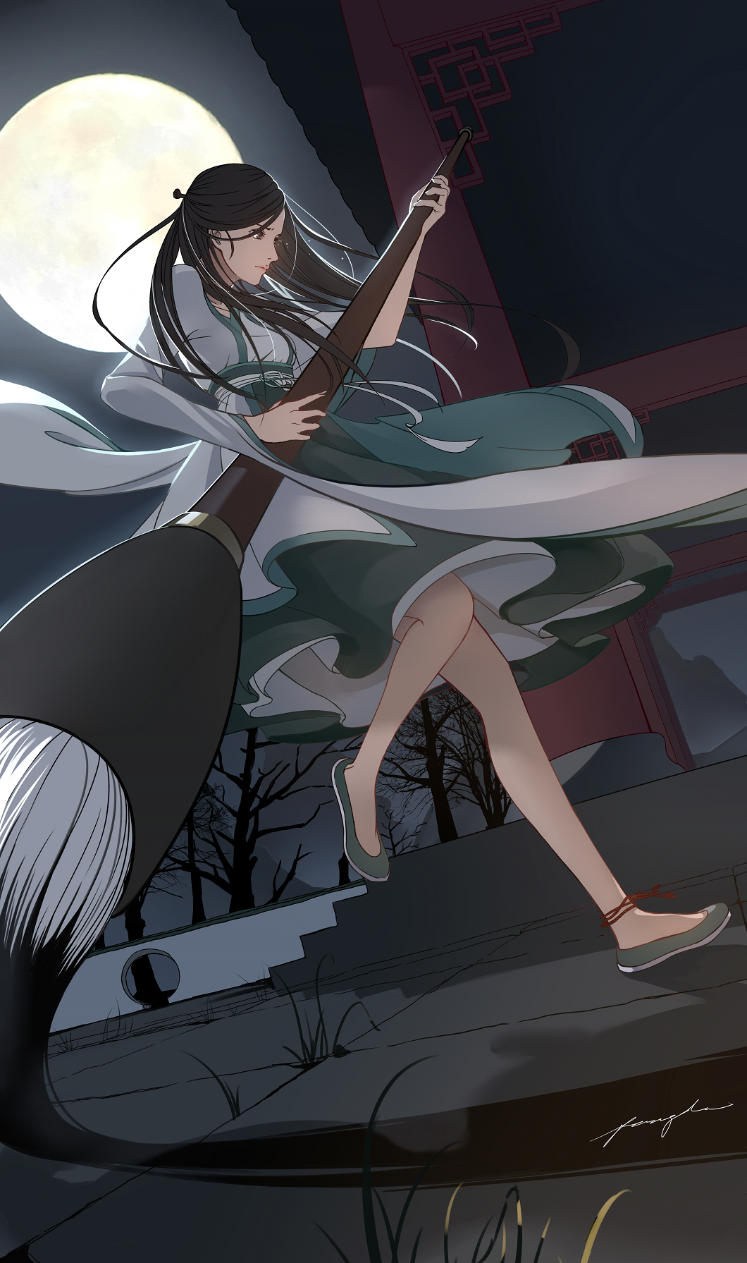 1girl architecture black_hair chinese_clothes east_asian_architecture full_body full_moon hanfu highres houtachi long_hair long_sleeves moon night original oversized_object paintbrush solo standing tears wide_sleeves