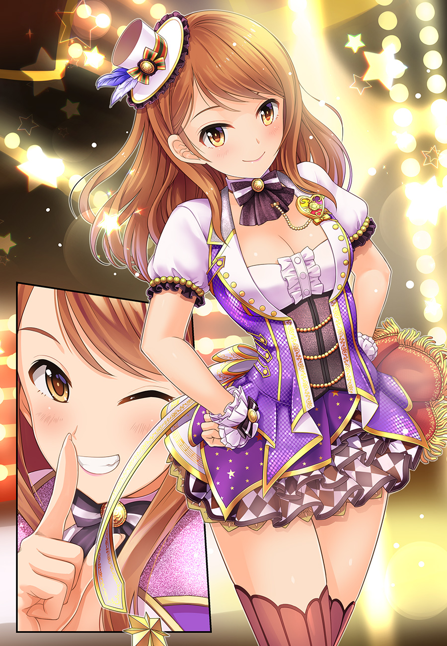 1girl blush breasts brown_eyes brown_hair cleavage comic dress hat highres houjou_karen idolmaster idolmaster_cinderella_girls idolmaster_cinderella_girls_starlight_stage kazu long_hair looking_at_viewer mini_hat one_eye_closed puffy_short_sleeves puffy_sleeves short_sleeves showtime_illusion silent_comic smile solo star thigh-highs wrist_cuffs