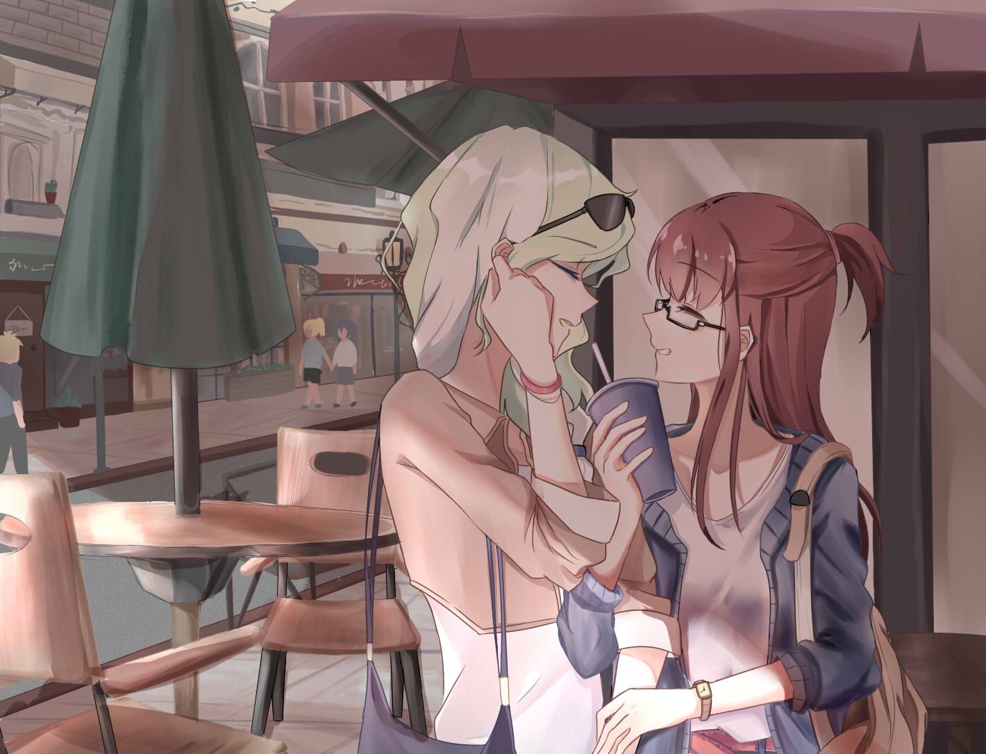 2girls bespectacled blonde_hair brown_hair casual couple diana_cavendish glasses kagari_atsuko little_witch_academia locked_arms mimmf multiple_girls shade smile town watch watch yuri