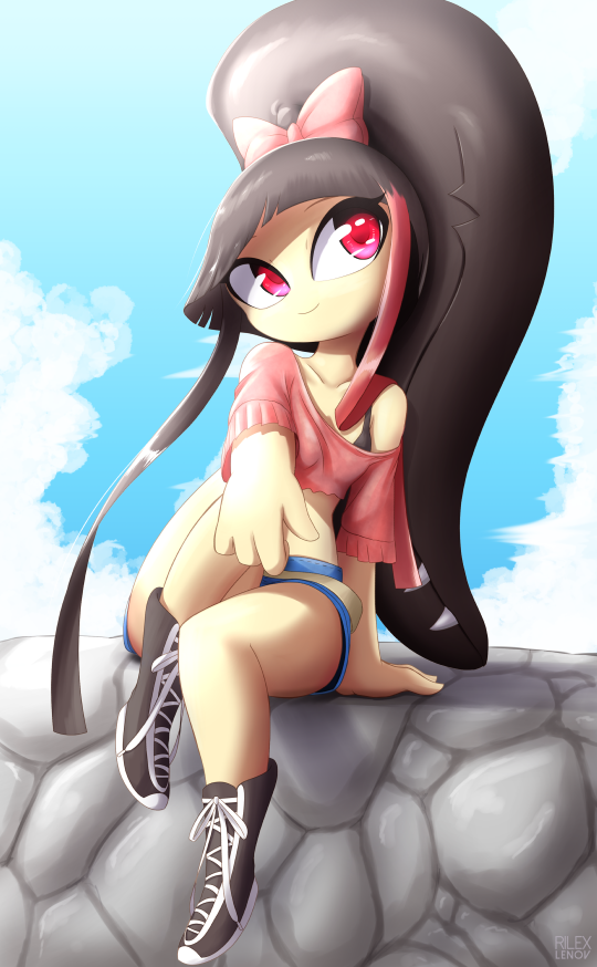 1girl bangs black_hair blue_sky blunt_bangs bow clouds crop_top day full_body hair_bow humanization long_hair looking_to_the_side mawile midriff multicolored_hair navel pink_bow pokemon ponytail red_eyes rilex_lenov shorts sitting sky smile solo stone_wall streaked_hair wall yellow_skin