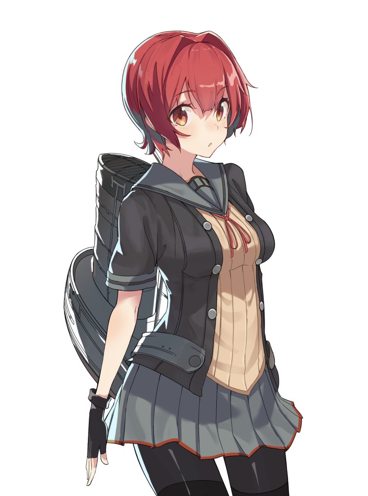 1girl black_gloves black_jacket blush breasts brown_eyes brown_shirt fingerless_gloves gloves grey_skirt jacket kantai_collection kinu_(kantai_collection) looking_at_viewer medium_breasts oweee parted_lips pleated_skirt redhead remodel_(kantai_collection) rigging sailor_collar shirt short_hair short_sleeves simple_background skirt smokestack solo upper_body white_background