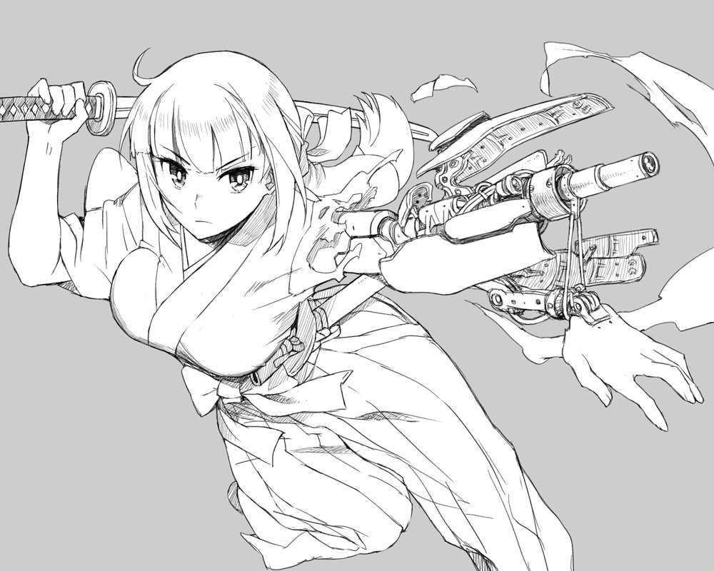 1girl arm_cannon bangs blunt_bangs breasts cyborg grey_background greyscale hakama holding holding_sword holding_weapon itou_(onsoku_tassha) japanese_clothes mechanical_arm mechanical_parts miko monochrome one_leg_raised parts_exposed serious sheath simple_background solo sword torn_clothes unsheathed weapon